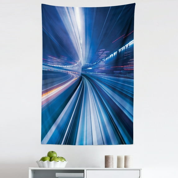 Abstract Tapestry, Blurry Curve Tunnel of Urban Cityscape Futuristic Lines Print, Fabric Wall Hanging Decor for Bedroom Living Room Dorm, 5 Sizes, Dark Sky Blue and Pale Purple, by Ambesonne