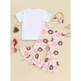 thumbnail image 5 of FEORJGP Toddler Baby Girl Summer Outfits 1-4Y Short Sleeve T-Shirt Crew Neck Shirt Cartoon Letter Print Tops + Doughnut Print Flare Pants + Headband Set Loose Casual 3Pcs Clothes, 5 of 9