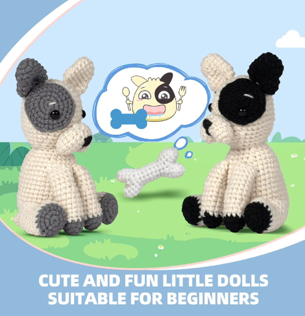 French Bulldog Crochet Kit for Beginners, 2-Pack Dog Amigurumi Starter Set with Step-by-Step Video Tutorials, DIY Craft Gift, TIKA