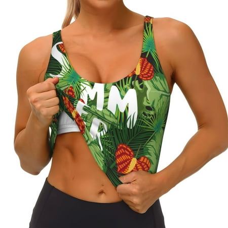 Qokaie Palm Leaves And Tropical Flowers Pattern Womens Scoop Neck Sports Bra Breathable Workout Vest Padded U Back Medium Impact Fitness Gym Yoga Bra Workout Crop Top