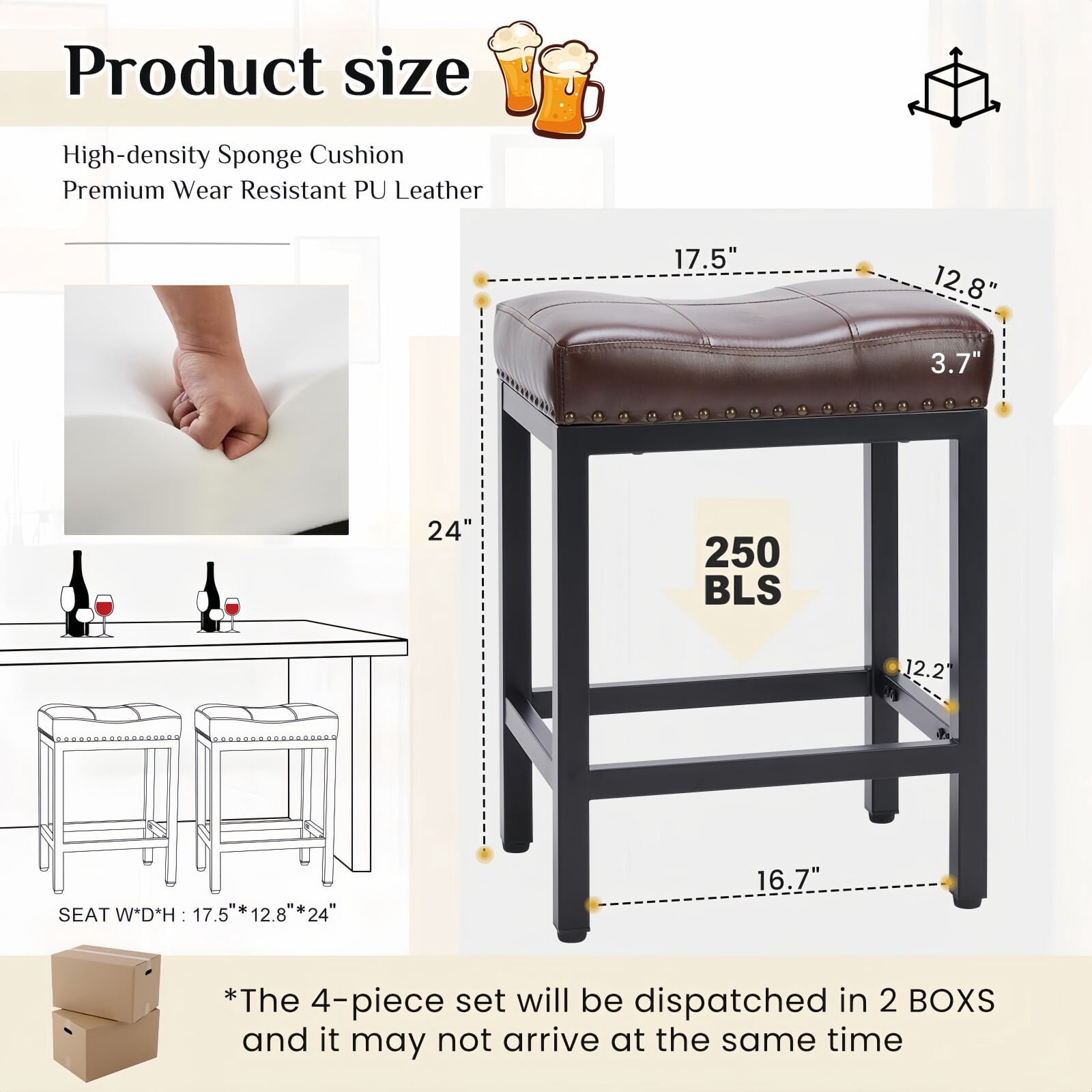 Kelno 24 Inch Saddle Bar Stool Set of 2 PU Leather Counter Stools with Steel Frame and Footrest, Brown