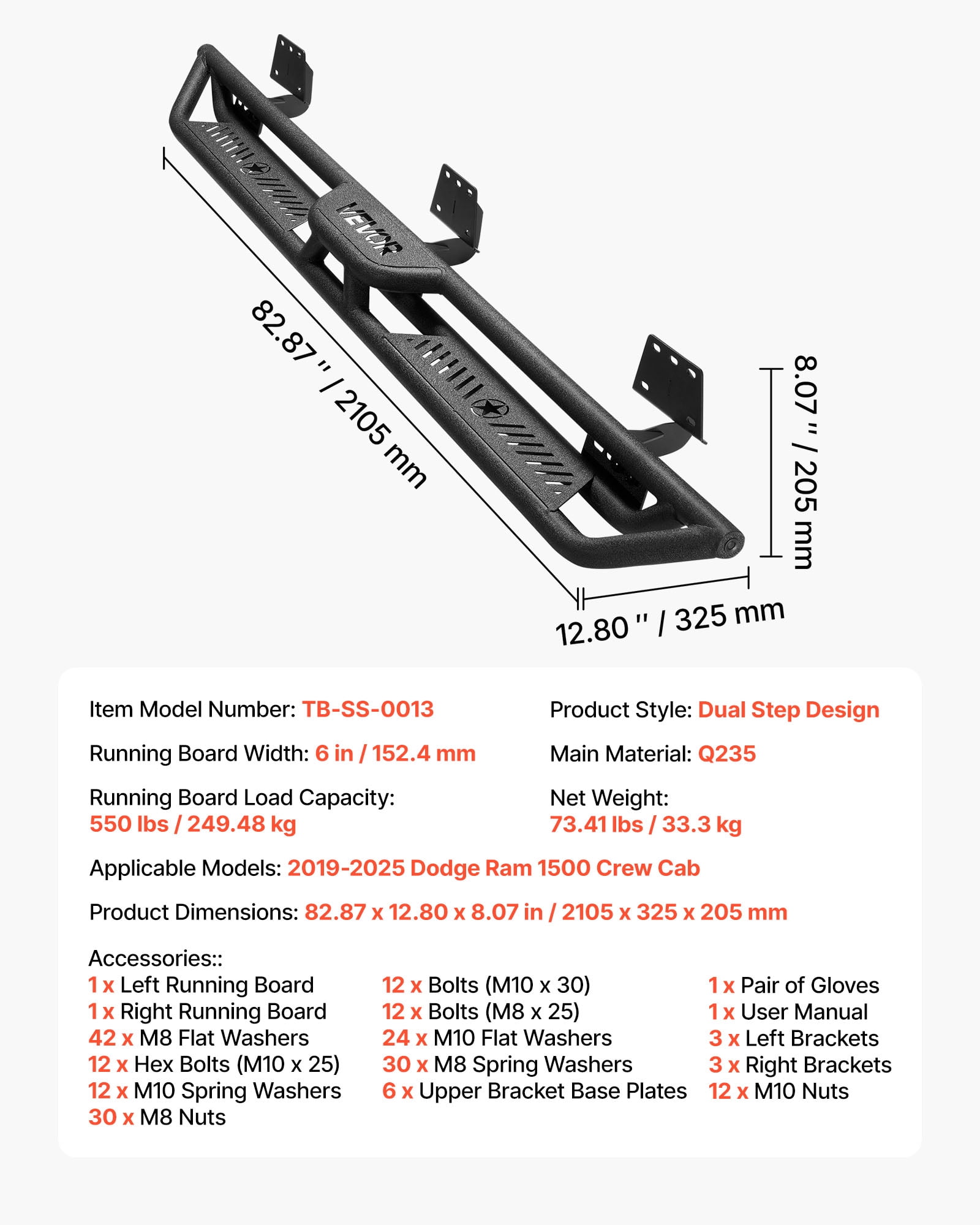 VEVOR Running Boards, 6 Inches Side Steps Compatible with 2019-2025 Dodge Ram 1500 Crew Cab, Black Carbon Steel Nerf Bars, 550 lbs Load Capacity, Wide Non-Slip Hollow Surface with Rustproof Coating