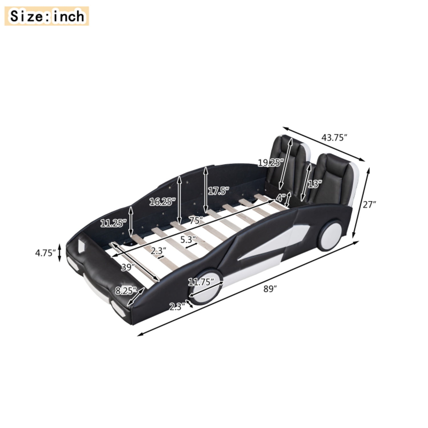 Twin Size Race Car-Shaped Platform Bed with Wheels Black