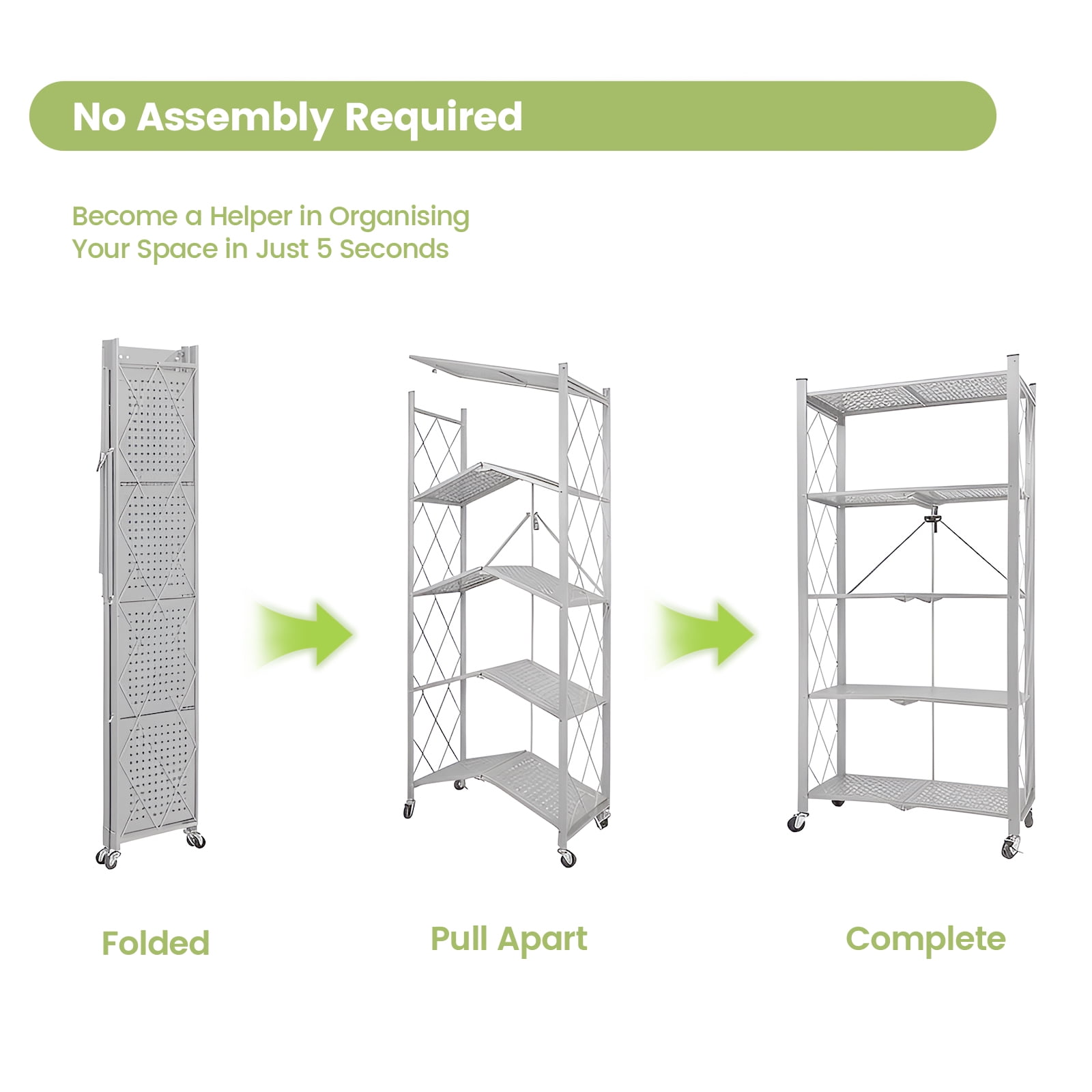 Foldable Shelves with Wheels, 5-Shelf Folding Metal Rack Organizer for Kitchen Garage Basement, Large Capacity Rolling Storage Shelf, Easy Fold & Roll, Gray
