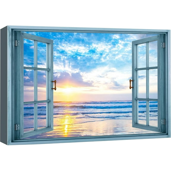 Canvas Print Wall Art Window View Pastel Sunset Blue Ocean Beach Horizon Wilderness Nature Photography Realism Scenic Landscape Colorful Multicolor for Living Room