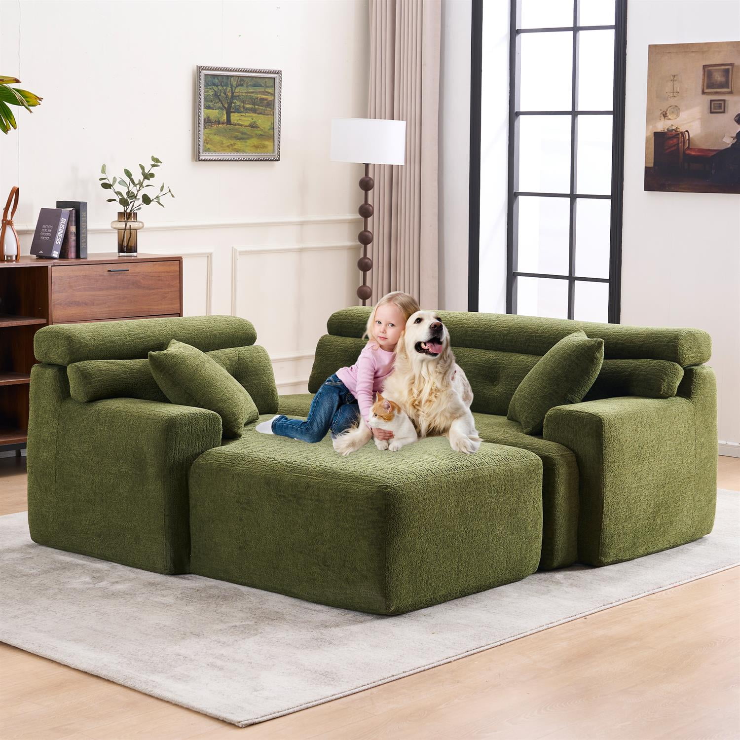 Demi Bonn 105" Modern L-Shaped Sectional Sofa, 3-Seater Couch with Chaise Lounge, 2 Accent Pillows, Wood Grain Chenille Fabric for Living Rooms, Green