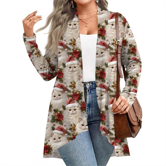 Women's Fall and Winter Fashion Casual Print Long Sleeve Mid-Length Cardigan Jacket, Christmas Theme for Holiday Season,Khaki,4XL