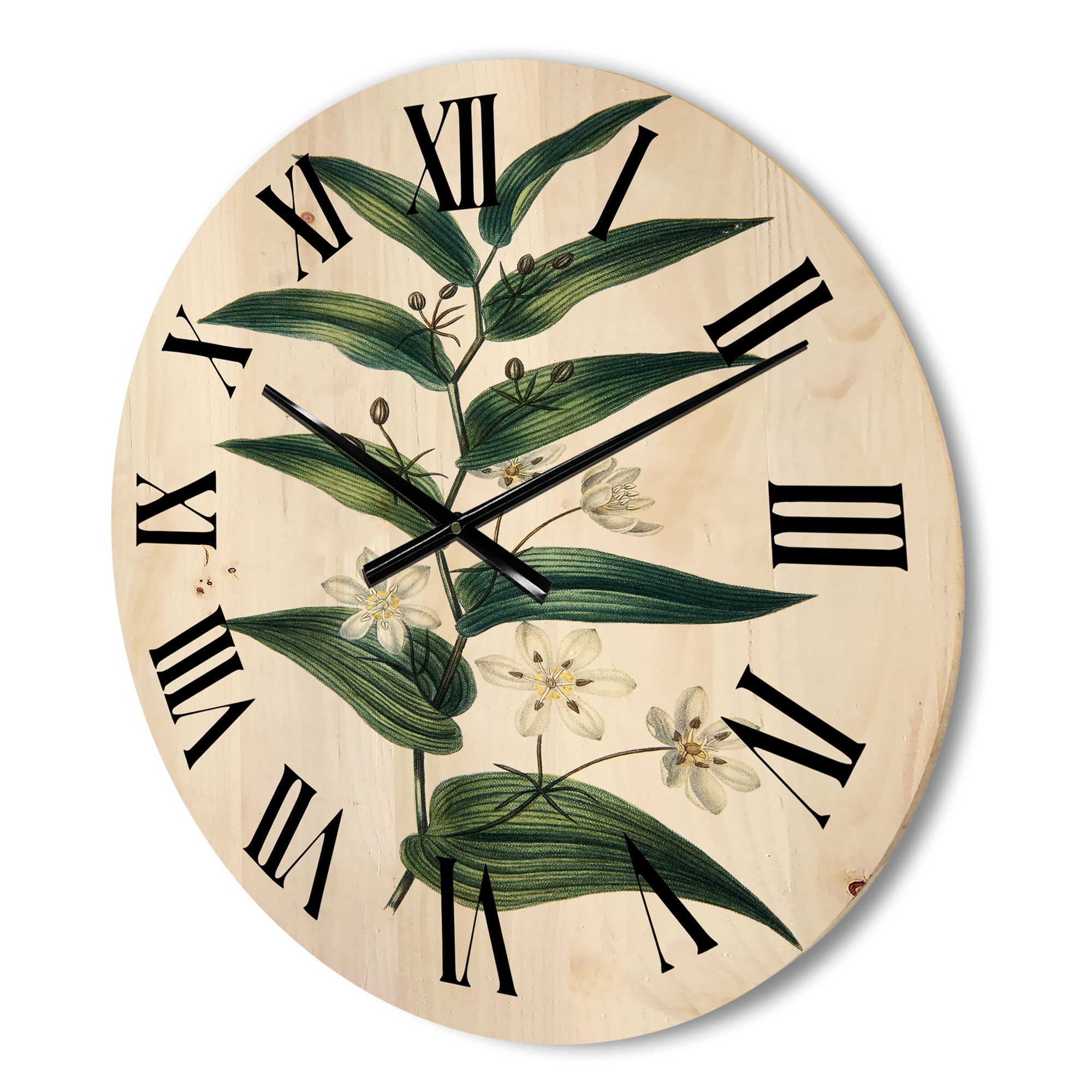 Designart 'Little White Flowers With Ancient Plant' Farmhouse Wood Wall Clock