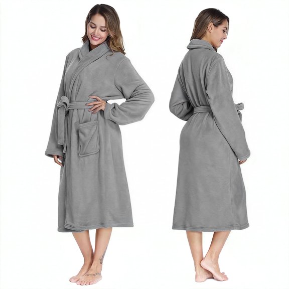 Women’s Fleece Robes, Soft Plush Knee Length Bathrobe with Shawl and Side Pockets, Comfy Robes for Women Fast Dry, Female Robes for Family Pajama,SPA, Size M, Gray