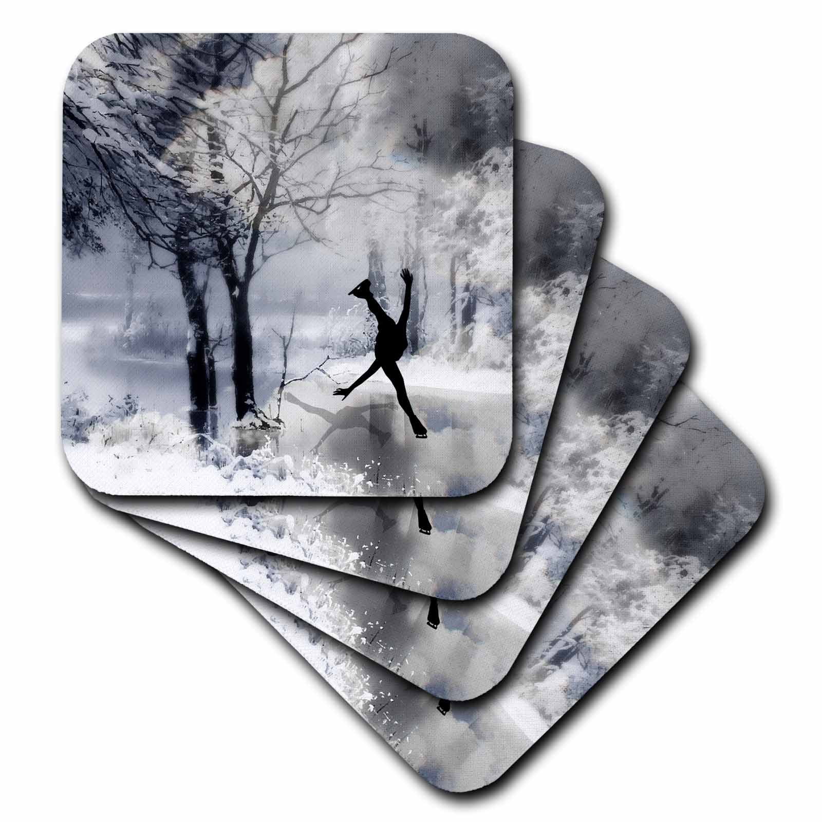 3dRose Figure Skater Silhouette Skating on a frozen pond in a beautiful winter snow scene, Soft Coasters, set of 8 by 3dRose
