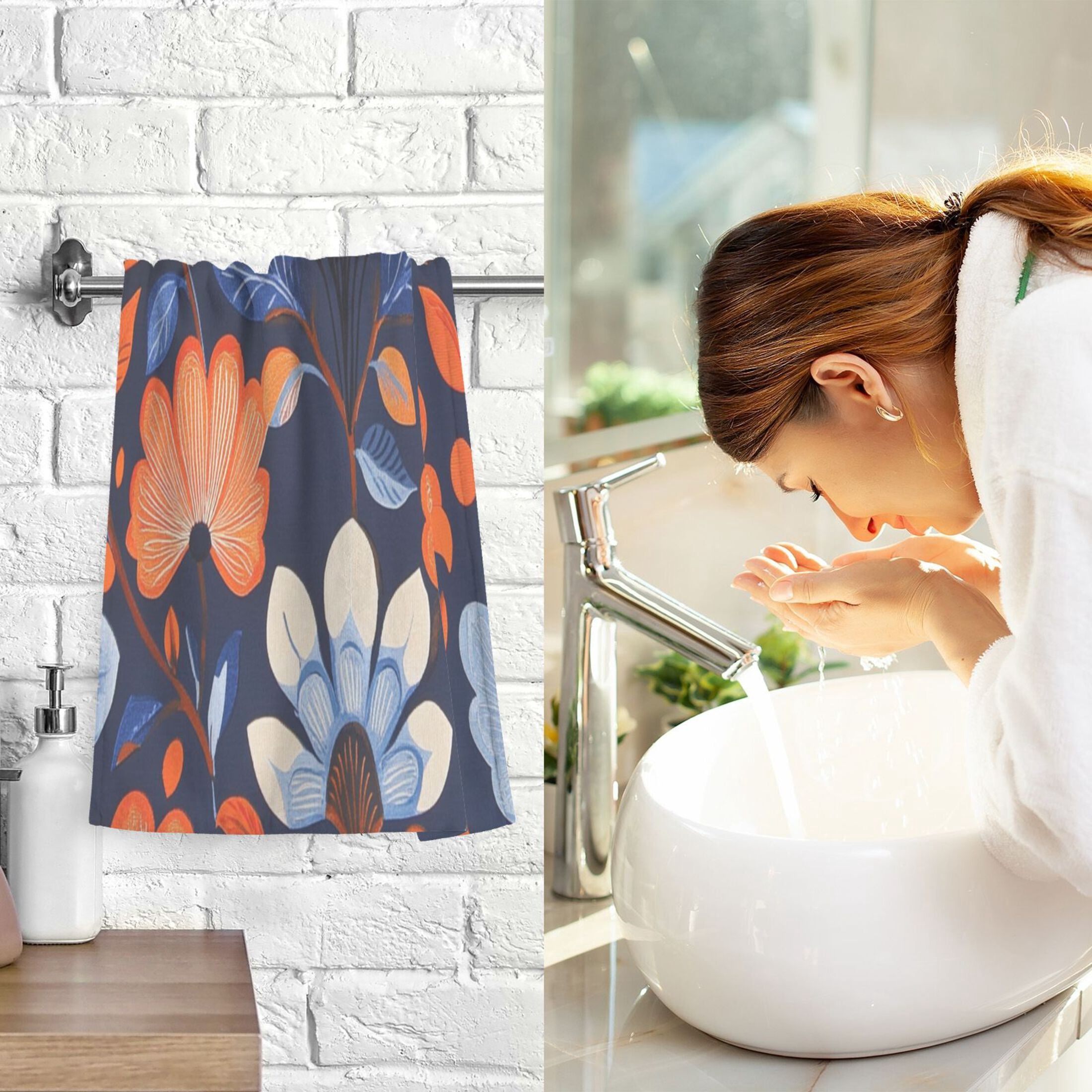 Cotton Towel Two-Piece 16x28 Inch One Sizex2 Face Towel Set Towel Set Cotton Hand Bath Towel Bathroom Beach Beautiful Orange Lotus