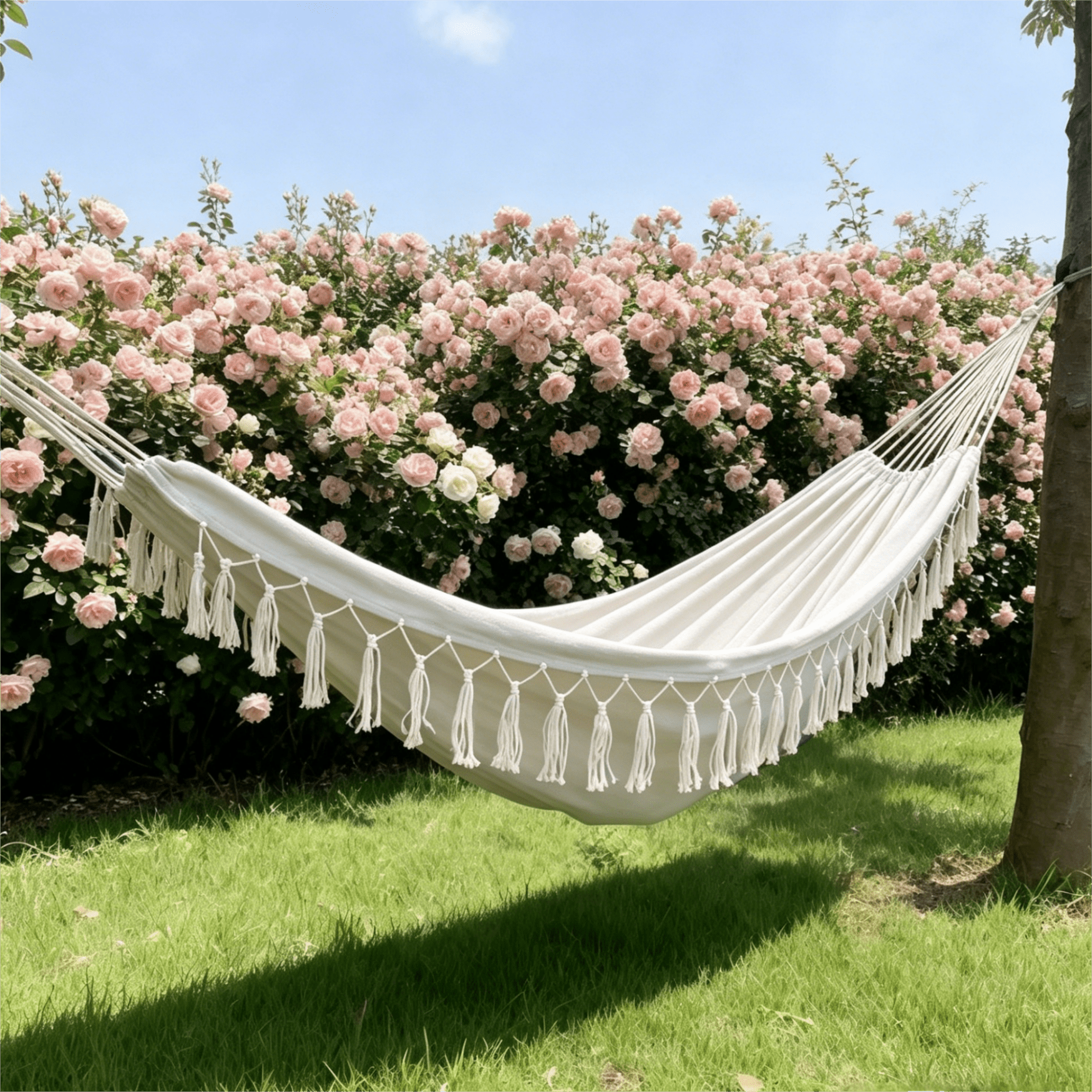 Oaskys Bohemian Style Hammock with Tassels – Handmade Rope Hammock with Wooden Spreader Bars, Heavy Duty Hanging Hammock for Outdoor Garden, Patio and Backyard