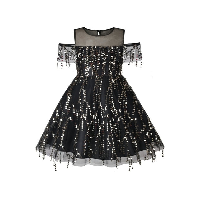 Vestido de Niña Negro con Borlas Brillante de Lentejuelas sin Hombros para Fiesta sin Mangas 12 Años