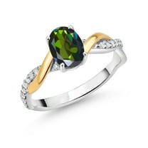 Gem Stone King 2 Tone 10K Yellow Gold and 925 Sterling Silver Tourmaline Green Mystic Topaz and White Lab Grown Diamond Twisted Interwoven Ring for Women (0.91 Cttw, Available in Size 5,6,7,8,9)