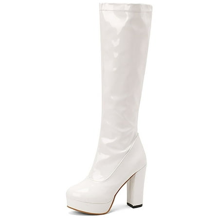 

UKAP Women Sexy High Heeled Boot Party Anti Slip Knee Platform Boots Dress Block Heels White 6.5