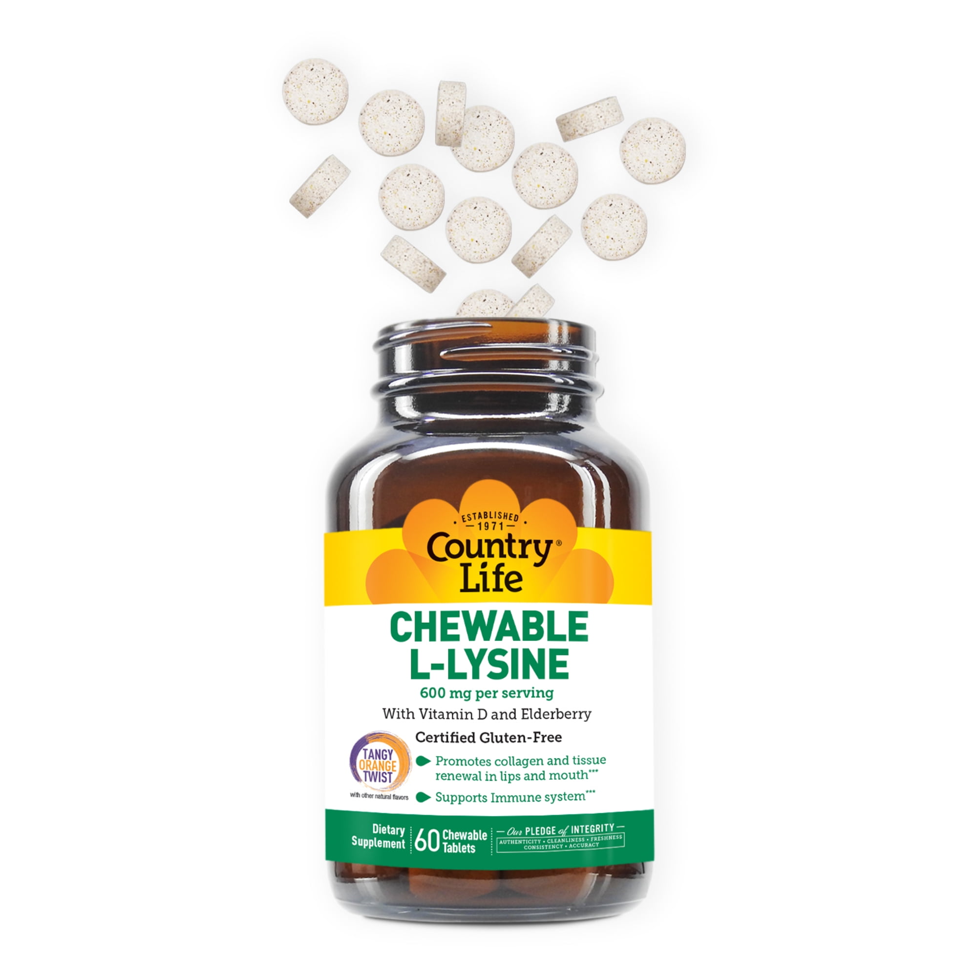 Country Life Chewable L-Lysine With Vitamin D and Elderberry, Tangy Orange Twist, 600 mg, 60 Chewable Tablets (300 mg per Tablet)