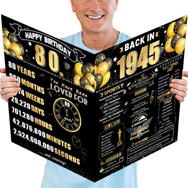 Tarjeta Jumbo de Cumpleaños 80 Años Negro y Dorado Retro FOBELEC