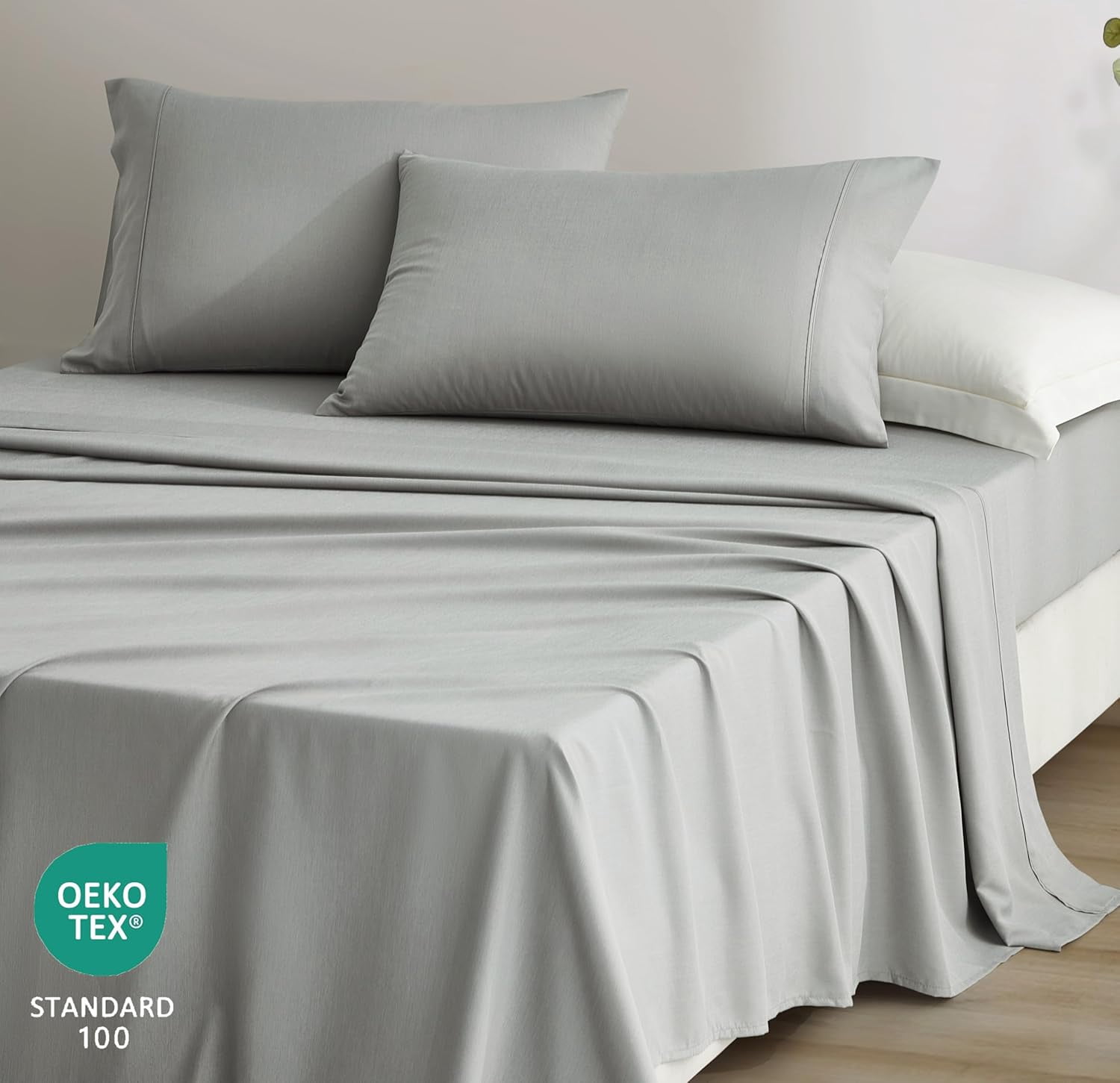 Chezmoi Collection 4-Piece Stone Washed California King Sheet Set, Rayon Derived from Bamboo & Polyester Blended, Breathable & Cooling 15-Inches Deep Pocket Sheets & Pillowcases Set, Light Gray