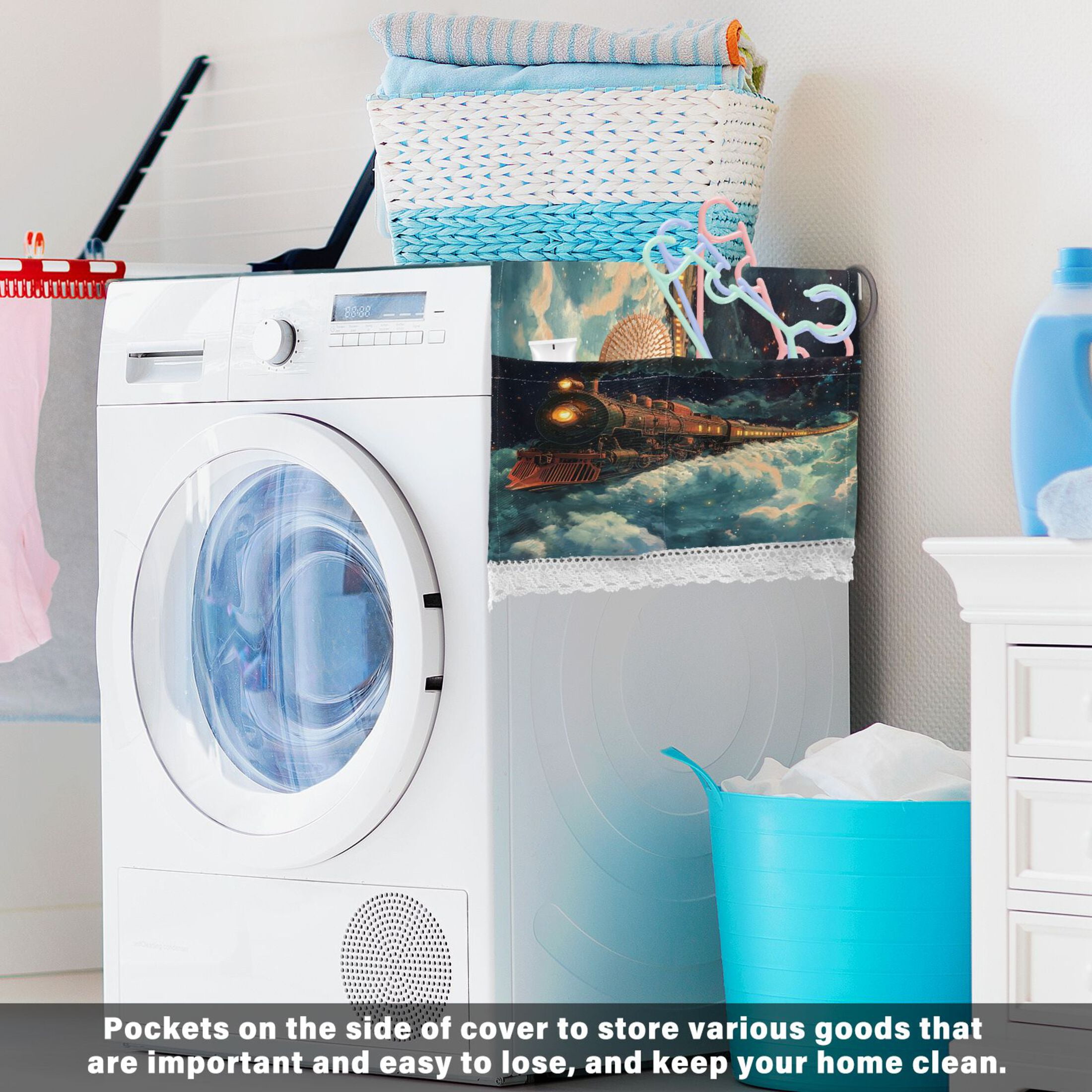 The Train Travels in SpaceWasher and Dryer Covers Dust-Proof and Oil Resistant Fridge Cover with 4 Storage Pockets Washing Machine Top Cover for Laundry Kitchen Home 51.2 x 22 In