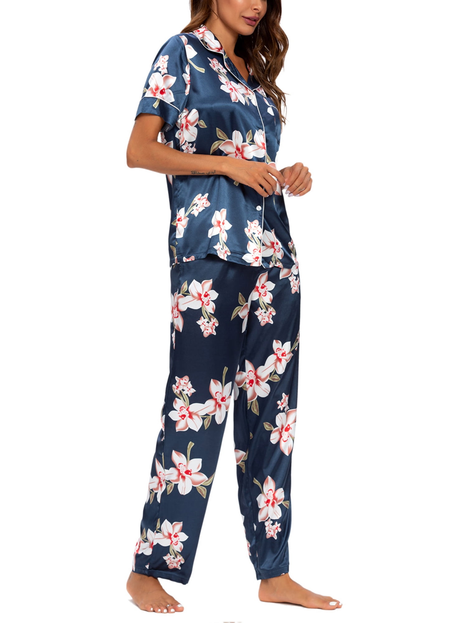 Unique Bargains Women's 2pcs Floral Button Down Pajama Set Nightwear Sleepwear Sets