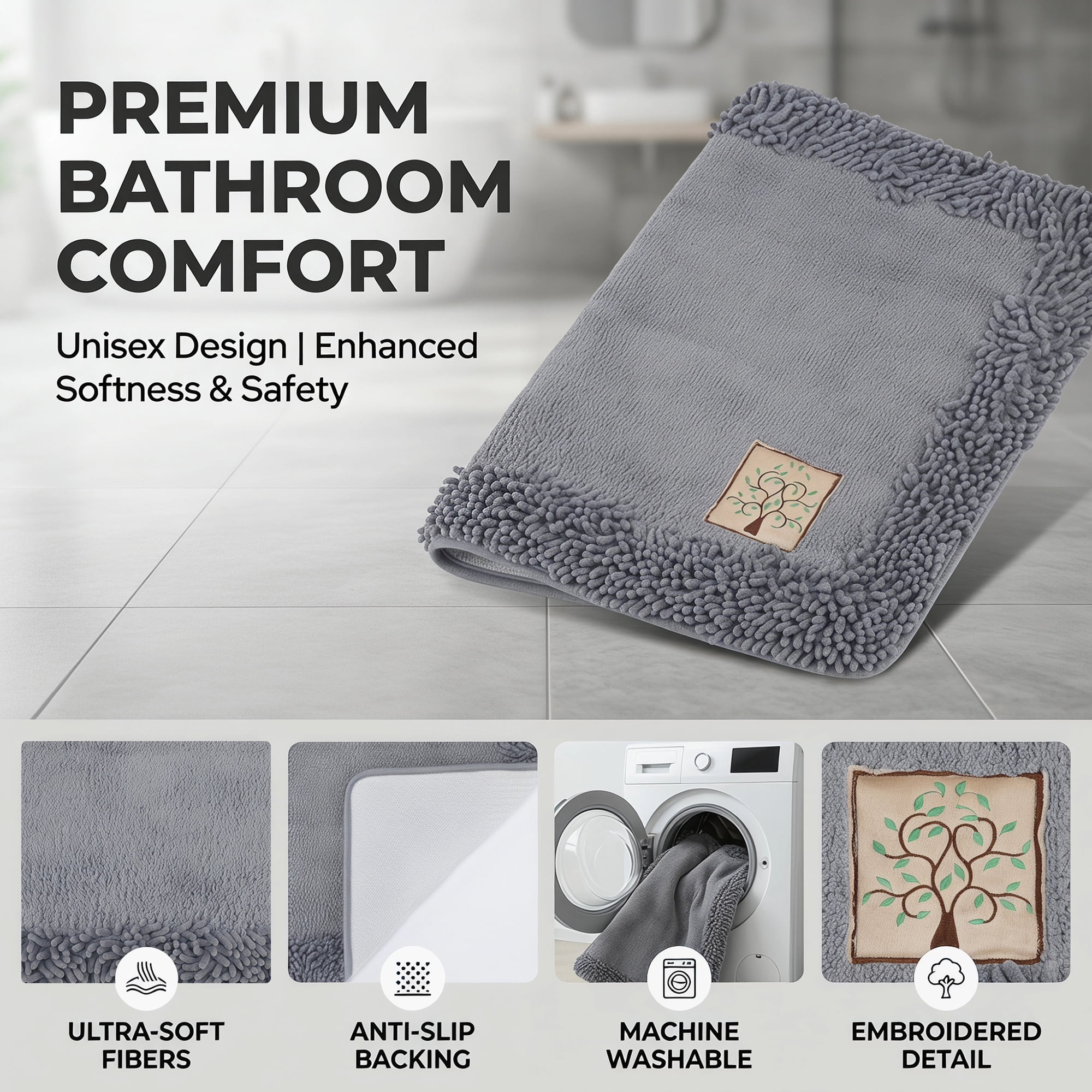 Unique Bargains Chenille Non Slip Bath Mat Ultra Soft Absorbent Shower Rug Grey 32" x 20"