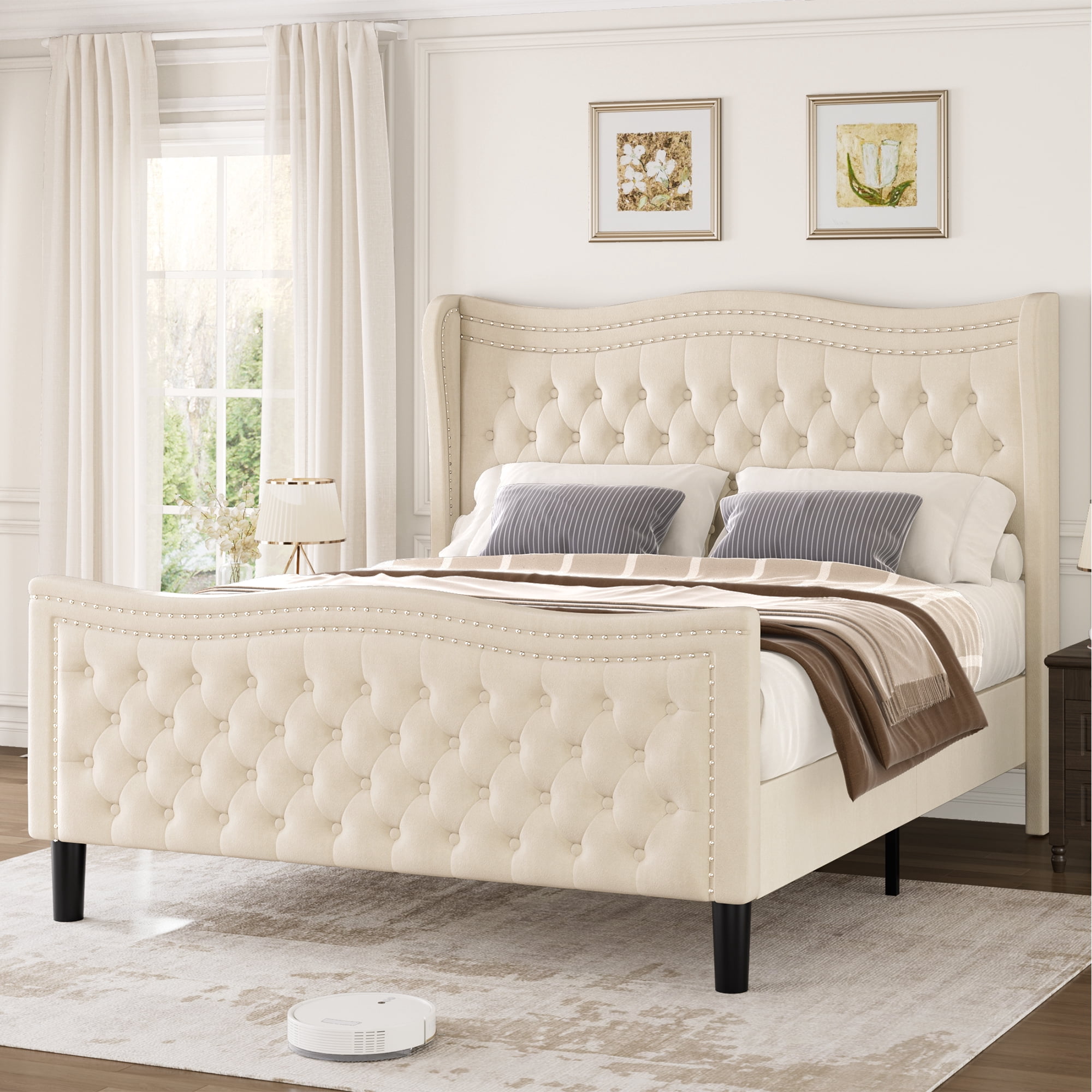 BSHTI Upholstered Queen Size Bed Frame – Diamond Tufted Wingback Headboard, Platform Bed with Wooden Slats, No Box Spring Needed（Beige）