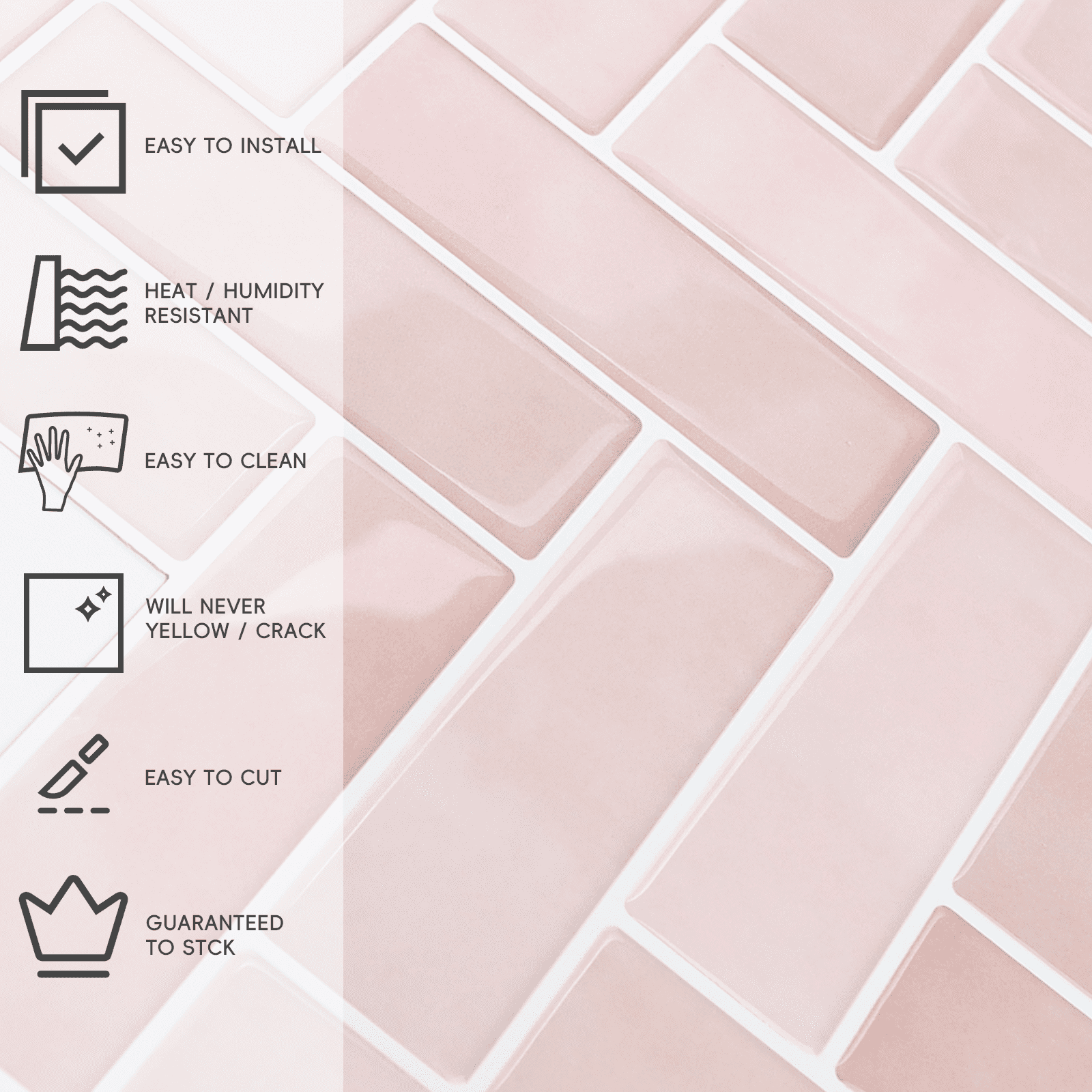 HOMEART Herringbone Peel and Stick Backsplash, 10-Sheet Self Adhesive 3D Stick on Wall Tiles for Kitchen Bathroom (Pink)
