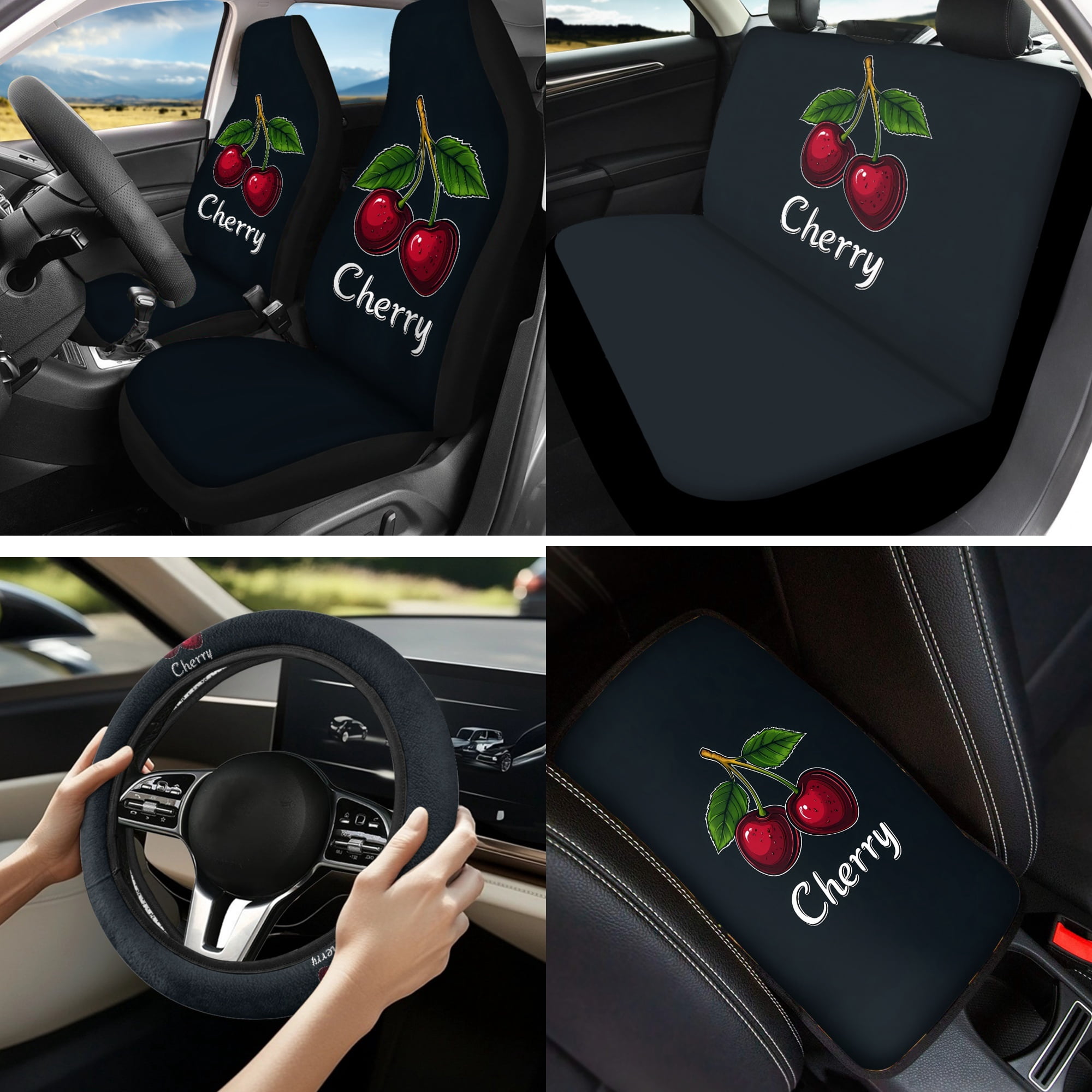 Jeiento Cute Cherry Car Seat Covers Full Set Auto Interior Accessories 13 Pcs Car Accessories with Steering Wheel Cover, Seat Belt Pads, Armrest Cover, Keychains, Lipstick Holder, Universal Fit