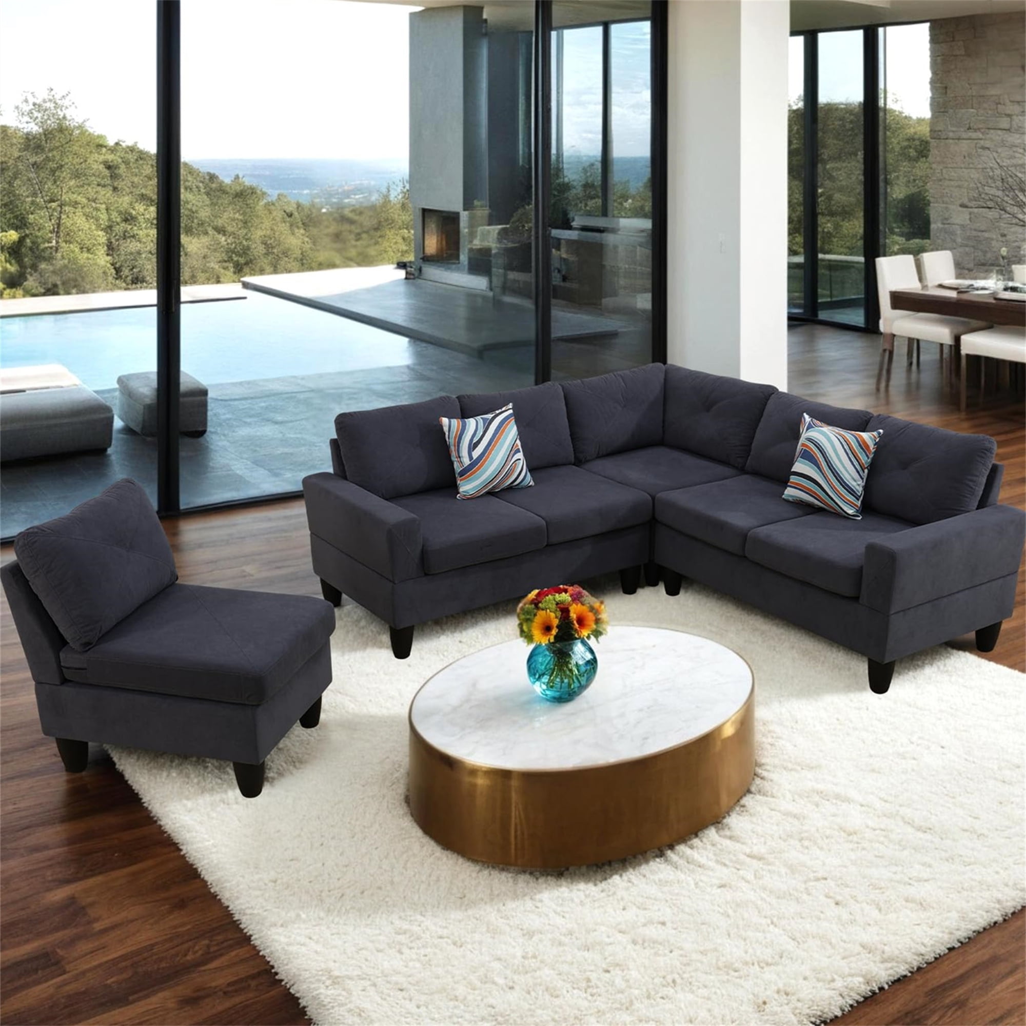 Aukfa 6-Seater L Shaped Sectional Sofa Modular Couch for Living Room, 2Pillows, Flannel, Dark Gray