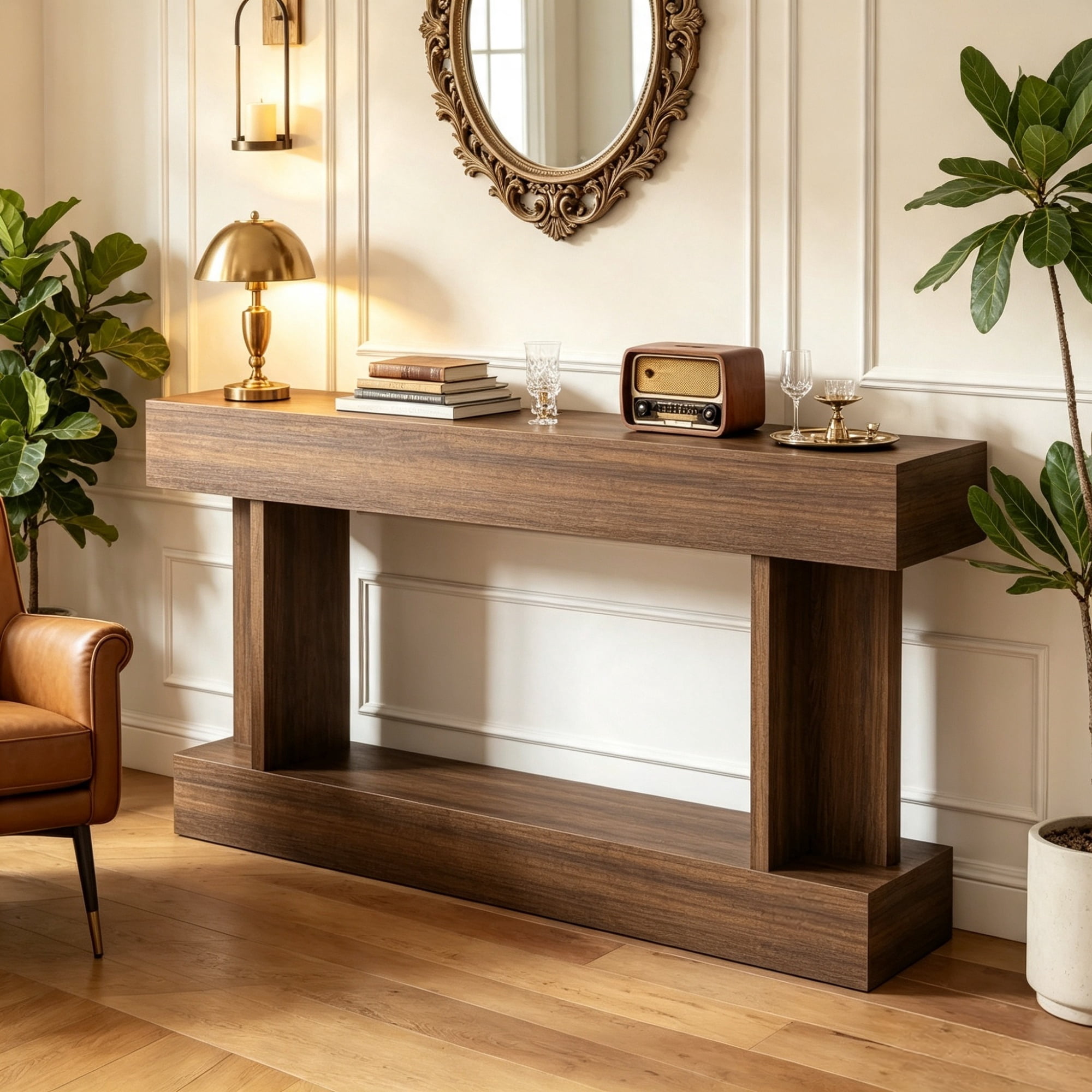 63" Long Console Table, Vintage Narrow Entryway Table with Storage Shelf for Living Room Hallway, Brown
