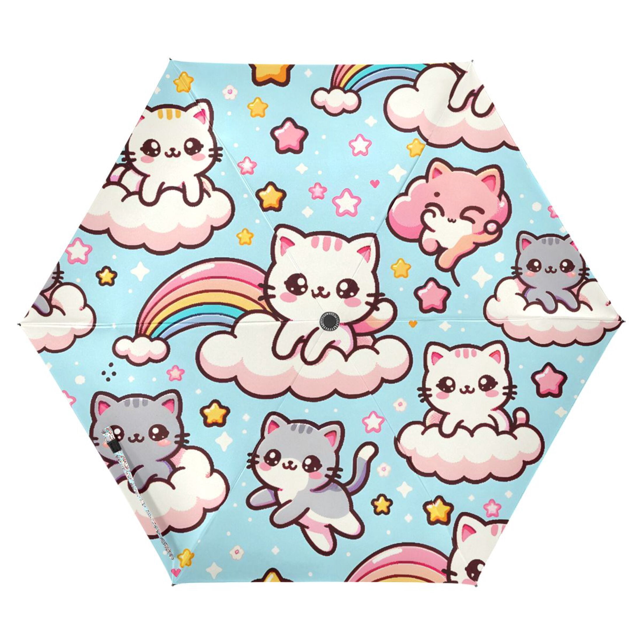 Cute Cats with Cloud Compact Sun Umbrella Windproof Travel Umbrellas for Rain Strong Portable UV Protection