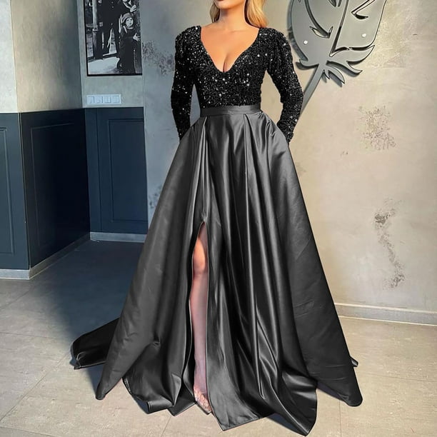 Homecoming Dresses for Teens Fashion Summer Hemline Satin Finish V Neck Long  Sleeved Sequin Dress - Walmart Business Supplies
