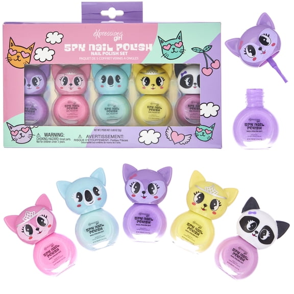 Expressions 5pc Critter Character Nail Polish Set for Girls -Water Based Colorful Novelty Nail Polishes, Safe and Non-Toxic Manicure Set & Pedicure Kit