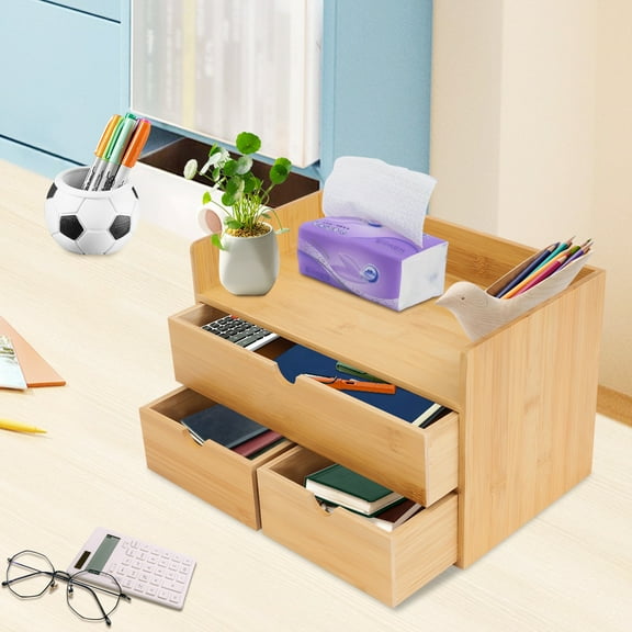 Natural Bamboo Desk Organizer with 3 Drawers, Eco-Friendly Storage for Office Supplies, Cosmetics, and Small Essentials