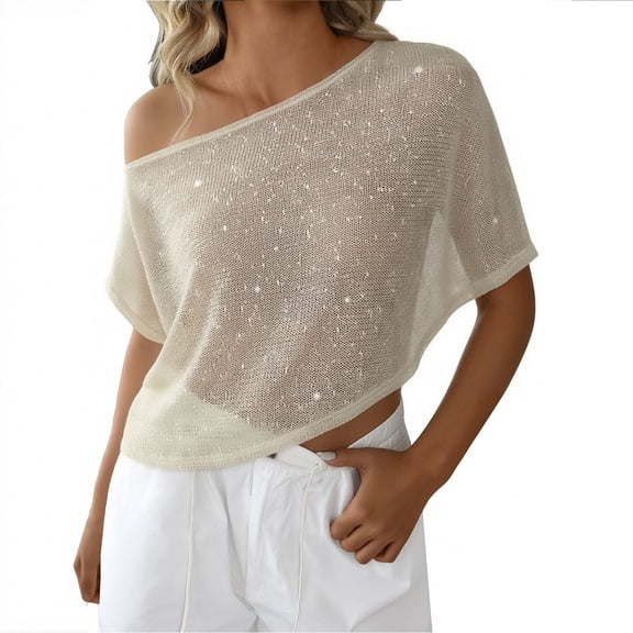 NMMUED Womens Tops Sheer Sparkly Off Shoulder Shirts Y2k Glitter Knit Crop Top Batwing Short Sleeve Loose Fit Blouses Summer Casual Party Clubwear Fashion Outfits Beige M