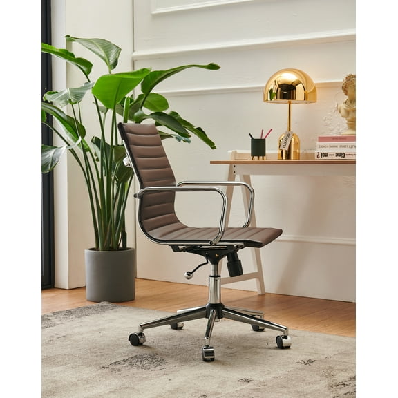 LUXMOD Mid Back Home Office Desk Chair Task Chair with Armrest  Swivel Chair in Durable Vegan Leather Ergonomic Desk Chair for Extra Back & Lumbar Support-Brown