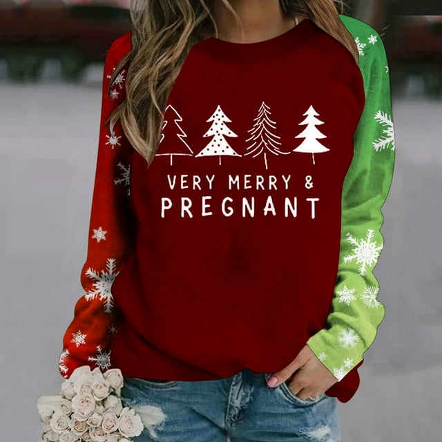 VBARHMQRT Chandails Légers pour Femmes Mode Automne et Hiver pour Femmes Imprimé Arbre de Noël Deux Couleurs Manches Longues Col Rond Chandail Décontracté Sans Capuche Deux