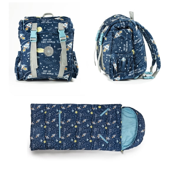 Mimish Sleep-N-Pack, 50 F Packable Kid's Sleeping Bag & Backpack, Space & Rockets Print