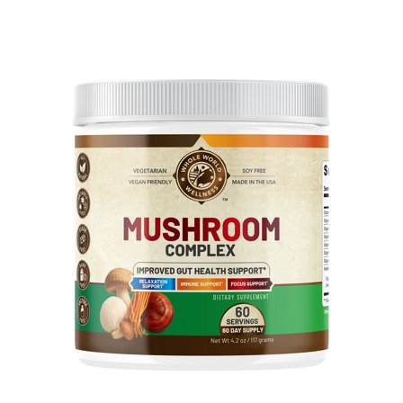 WHOLE WORLD WELLNESS Organic Mushroom Complex Powder. Immune Defense, Energy & Focus Support. With Reishi, Lion's Mane, Chaga. Natural, Dairy Free & Soy Free. 60 Servings. USA Made.