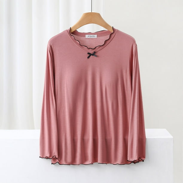 Blusa de pijama de manga larga para mujer, lisa, informal, a la moda, con cuello redondo, manga larga, para dormir, pijama para mujer