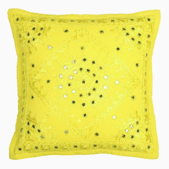 Stylo Culture Indian Boho Sofa Throw Pillow Cover 16 x 16 Hand Embroidered Lemon Yellow Bohemian 40 x 40 cm Home Decor Cotton Mirrored Square Cushion Cover | 1 Pc
