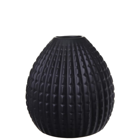 Urban Ceramic Round Bellied Vase with Embossed Interval Line Pattern Matte Finish Black