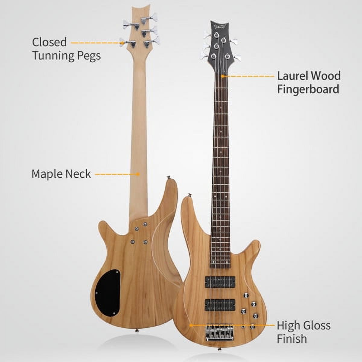 44 Inch GIB 5 String H-H Pickup Laurel Wood Fingerboard Electric Bass Guitar with Bag and other Accessories Burlywood