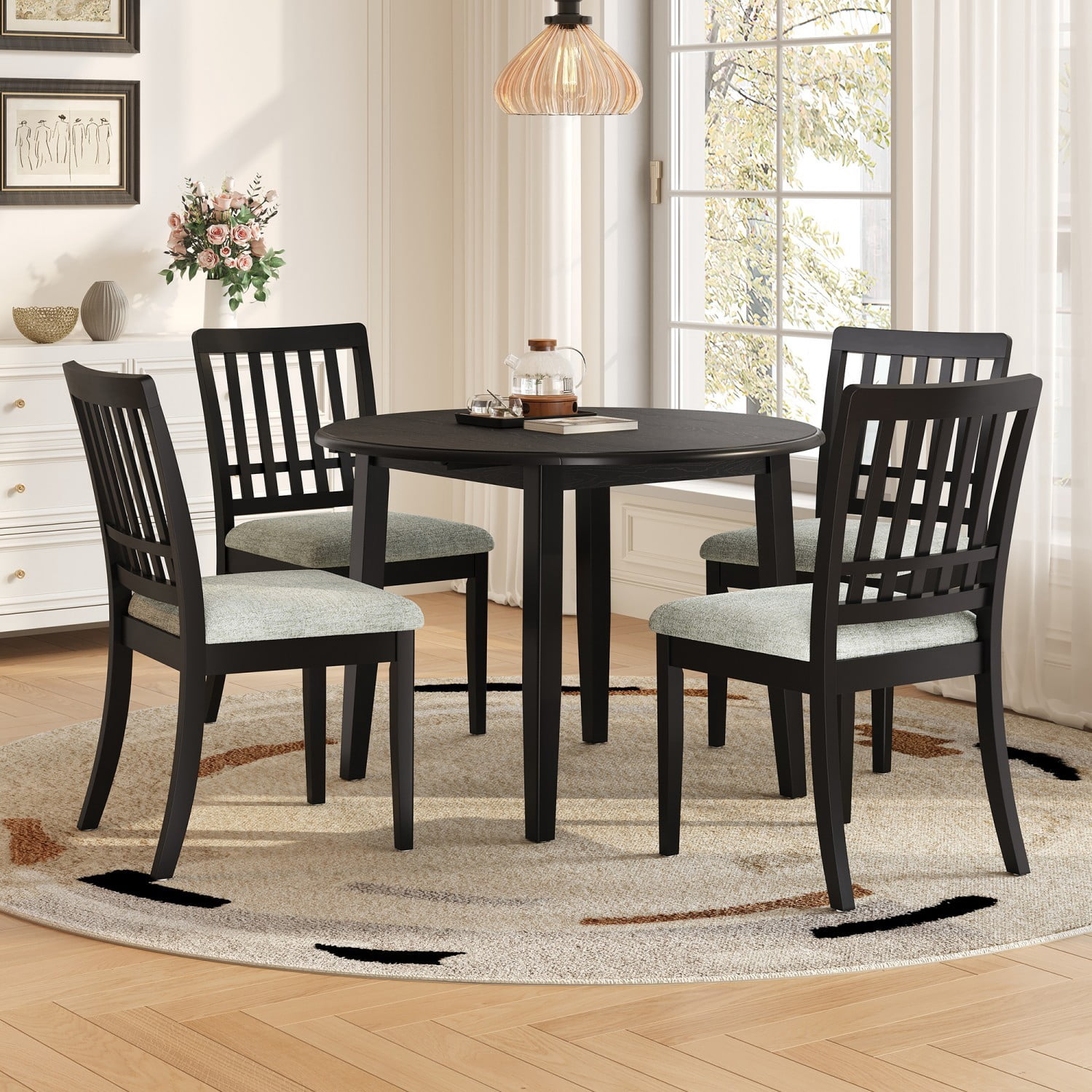 5-Piece Round Dining Table Set for 4 People Folding Wood Dining Table with 4 Upholstered Chairs Space Saving Dining Set for Small Apartment Kitchen Dining Area, Black