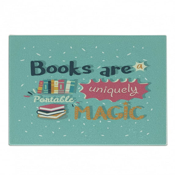 Book Cutting Board, Books are a Uniquely Portable Magic Inspirational Writing Print in Pastel Colors, Decorative Tempered Glass Cutting and Serving Board, Small Size, Multicolor, by Ambesonne