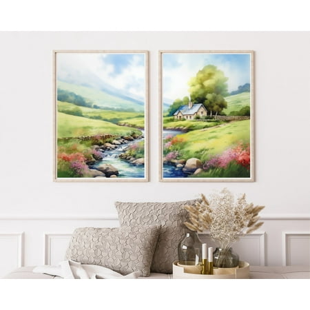 UNFFRAMED Scottish Highlands Poster, Set Of 2, Cottage Landscape Wall Art, European Nature Decor, Uk Travel Poster, Countryside Artwork Set 2 Prints 16x24