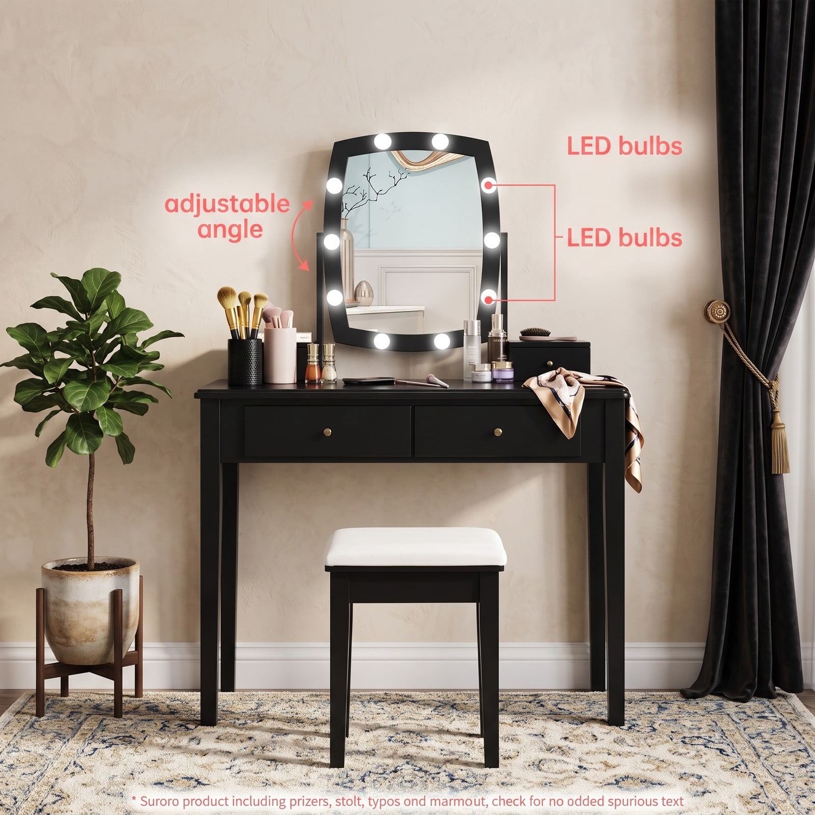 Furnibear Vanity Table Set with 10 Dimmable Bulb Lighted Mirror and Cushioned Fabric Stool and Drawers for Bedroom and Dressing Room, Black