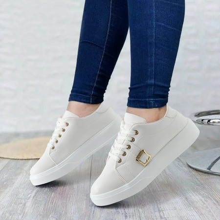 

Mishuowoti sneakers for women 2023 Ladies Fashion Solid Leather Rhinestone Belt Buckle Decoration Lace Up Thick Soled Casual Sneakers