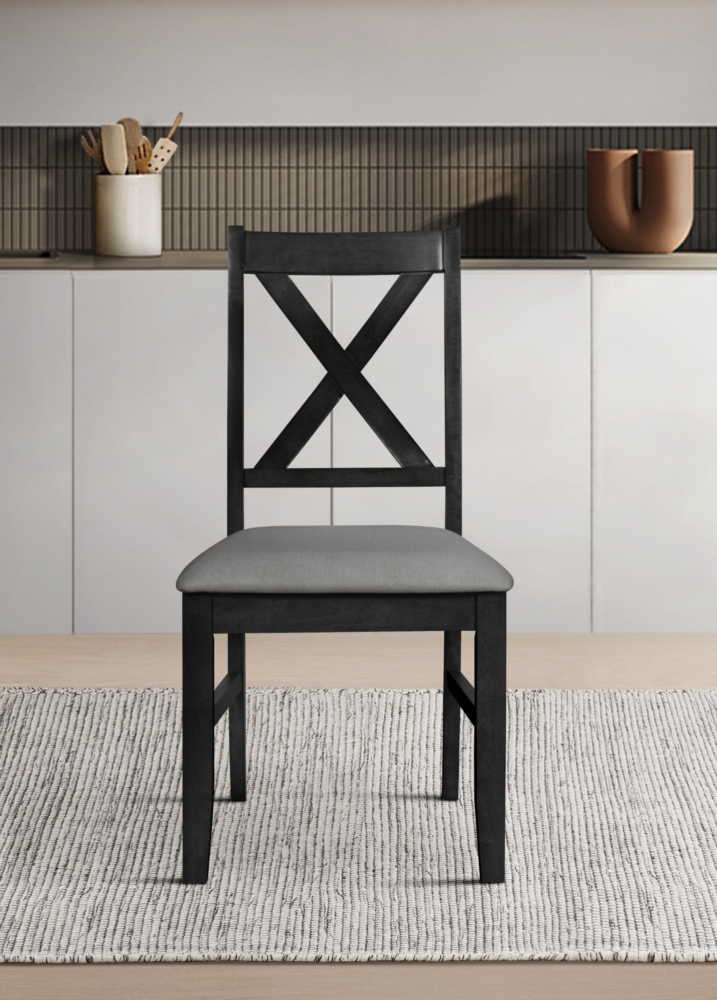 Home Design Oden Dining Chair (Set of 4), Black/Gray, X-back design, Padded seat, Upholstered in soft gray fabric, Comfortable seating, Rustic-modern style