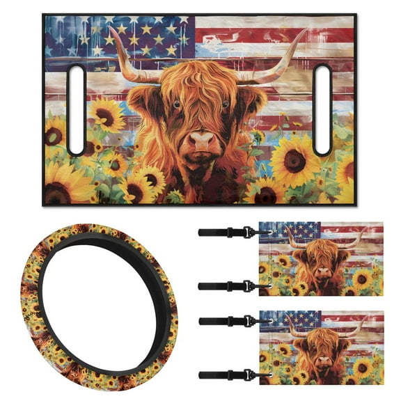 Jeiento Highland Cow American Flag Golf Cart Seat Covers 4 Pack with Golf Cart Steering Wheel Cover and 2PCS Golf Cart Flags Universal Seat Blanket Steering Wheel Cover Golf Cart Banner